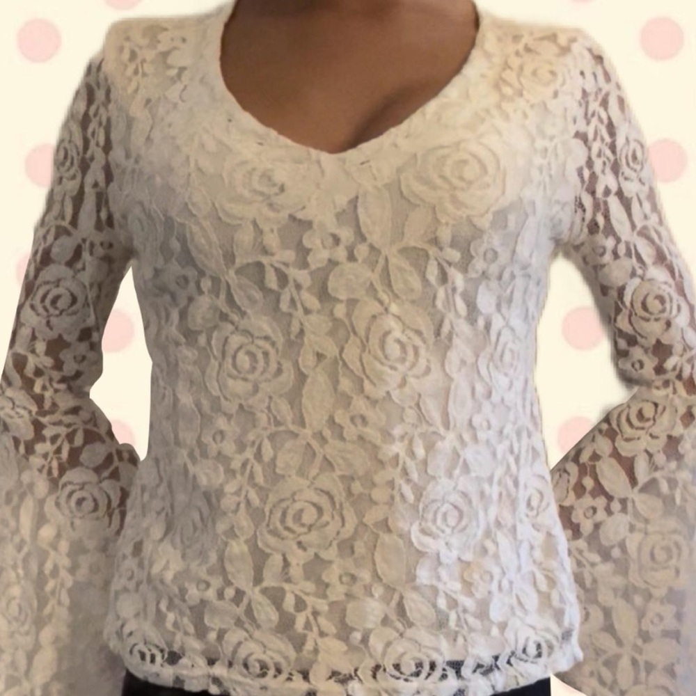 70s Inspired Cream Lace Bell Sleeve Top